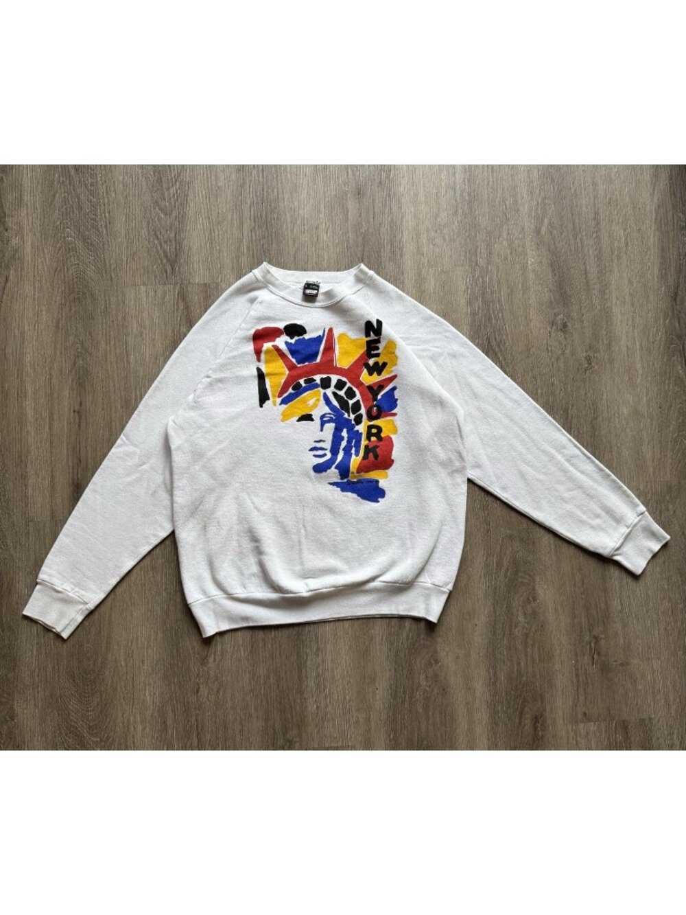 Rare Vintage 80s New York Statue Of Liberty Art Painting White Sweatshirt Large